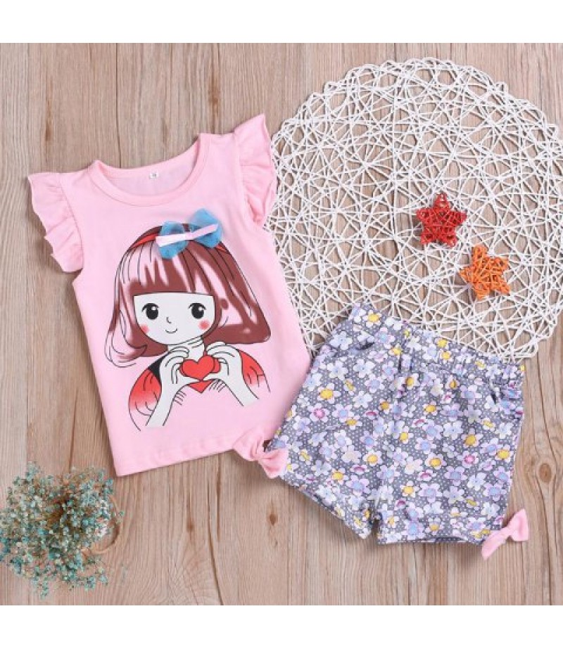 Girls Print T-shirt Flower Shorts Suit