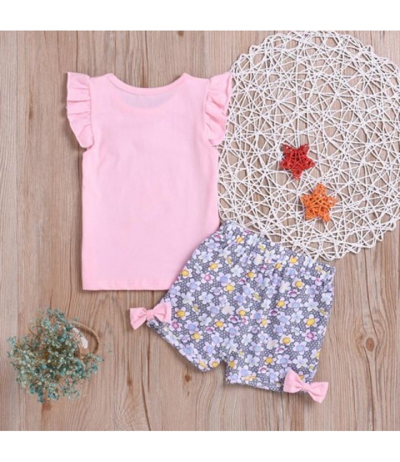 Girls Print T-shirt Flower Shorts Suit