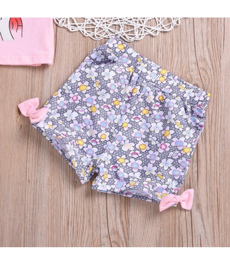 Girls Print T-shirt Flower Shorts Suit