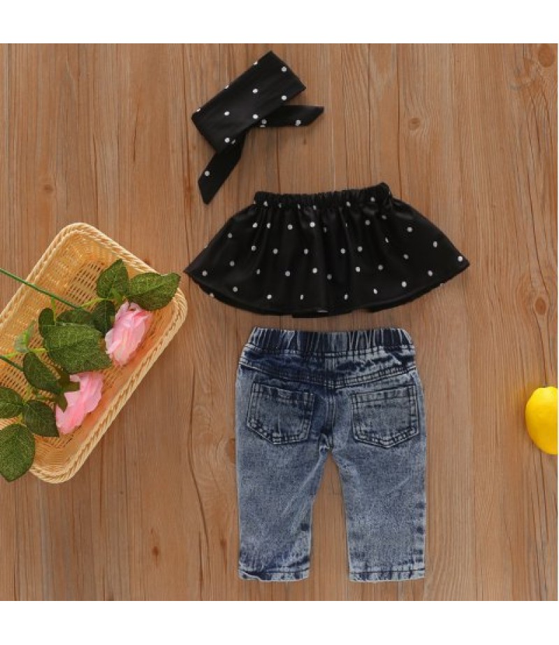 96 Girls Off Shoulder T-shirt Denim Trousers Headband Suit