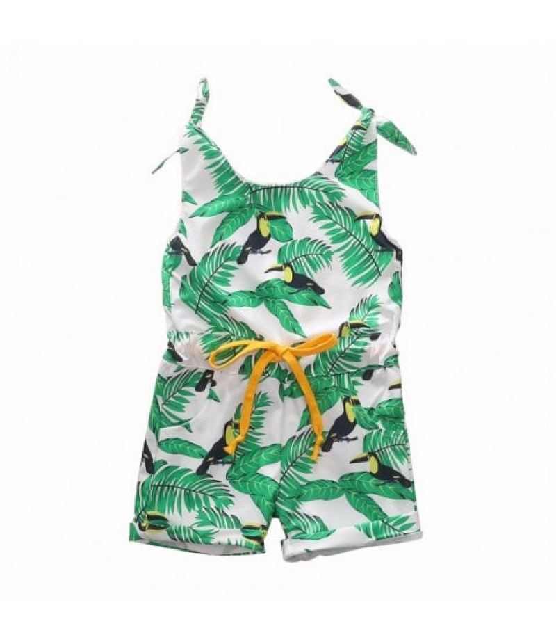 1304 Girls Polyester Leaf Print Tether Strap Romper