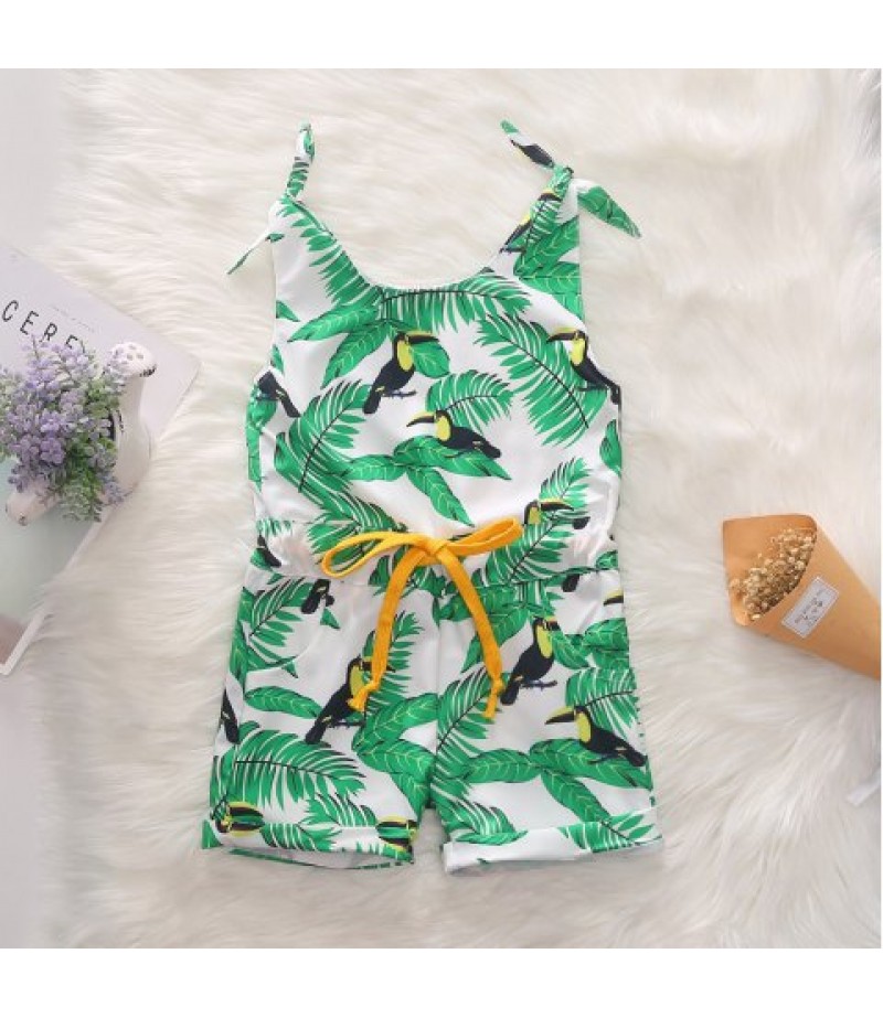 1304 Girls Polyester Leaf Print Tether Strap Romper