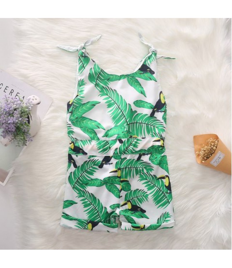 1304 Girls Polyester Leaf Print Tether Strap Romper