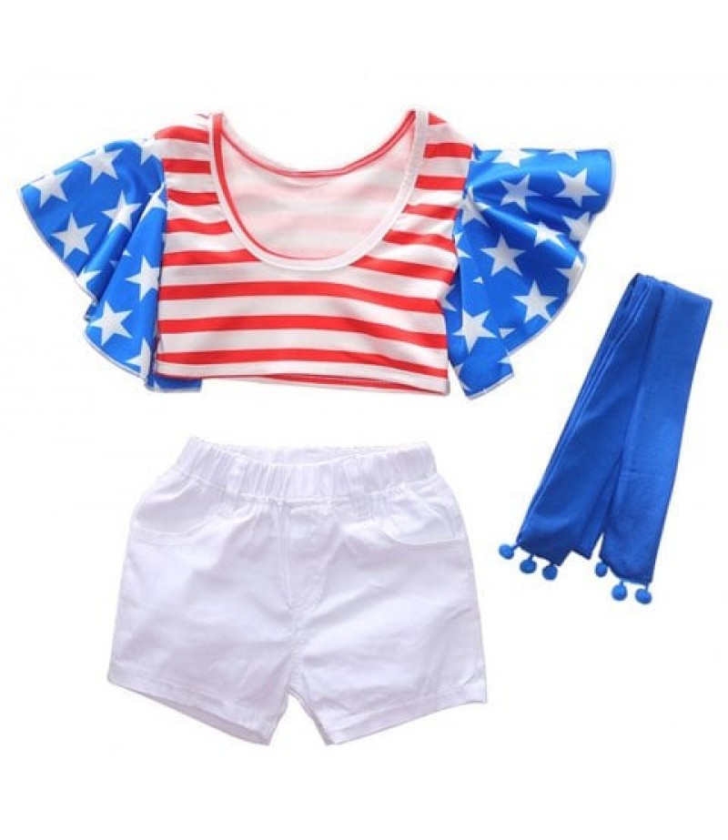 1290 Girls Polyester Star Stripe Flying Sleeve Top + Shorts + Belt Set