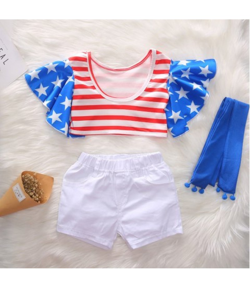 1290 Girls Polyester Star Stripe Flying Sleeve Top + Shorts + Belt Set