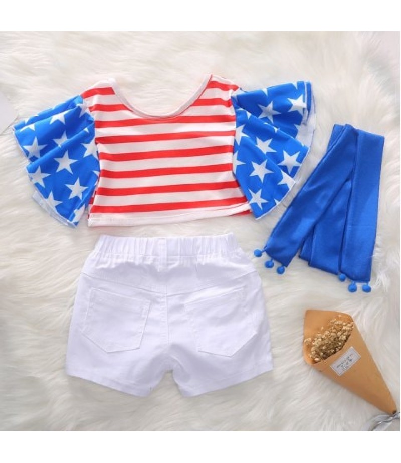 1290 Girls Polyester Star Stripe Flying Sleeve Top + Shorts + Belt Set