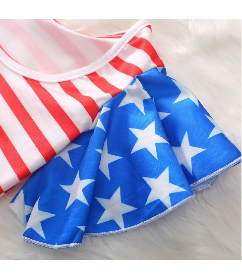 1290 Girls Polyester Star Stripe Flying Sleeve Top + Shorts + Belt Set