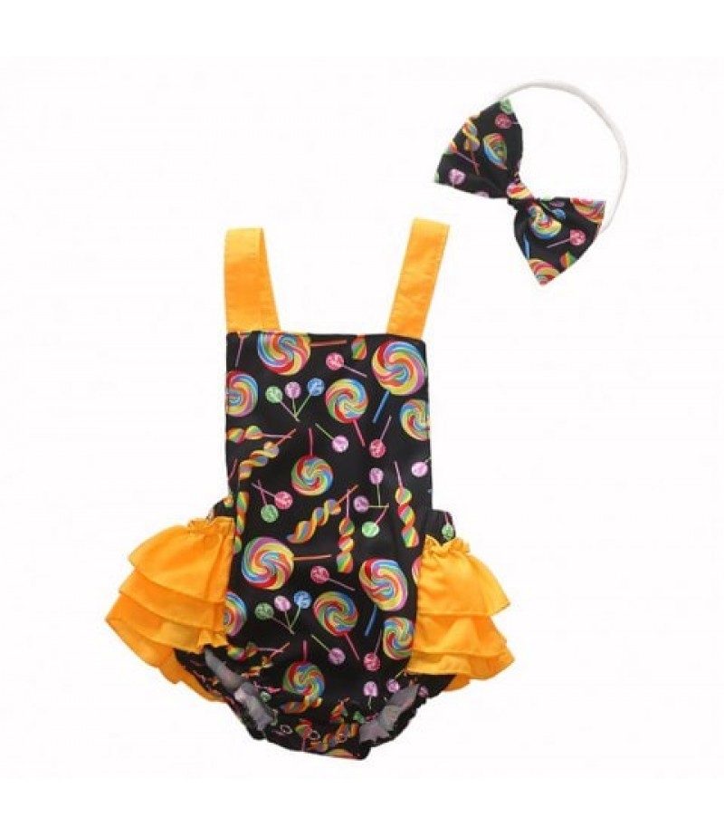 1293 Cotton Lollipop Print Romper + Bow Headwear Set