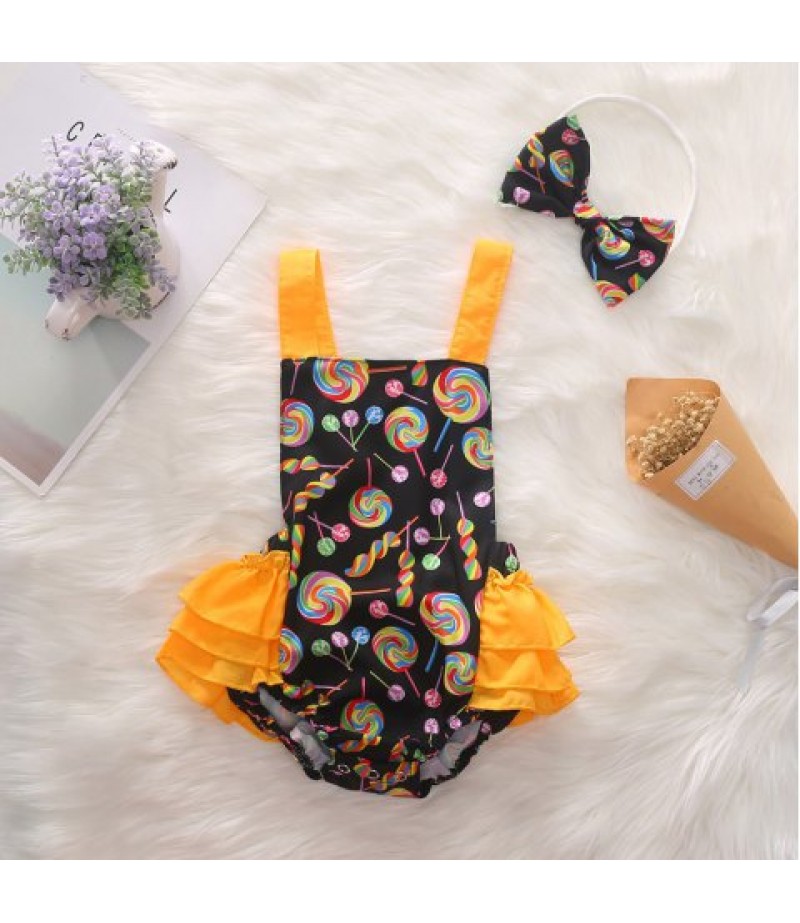 1293 Cotton Lollipop Print Romper + Bow Headwear Set