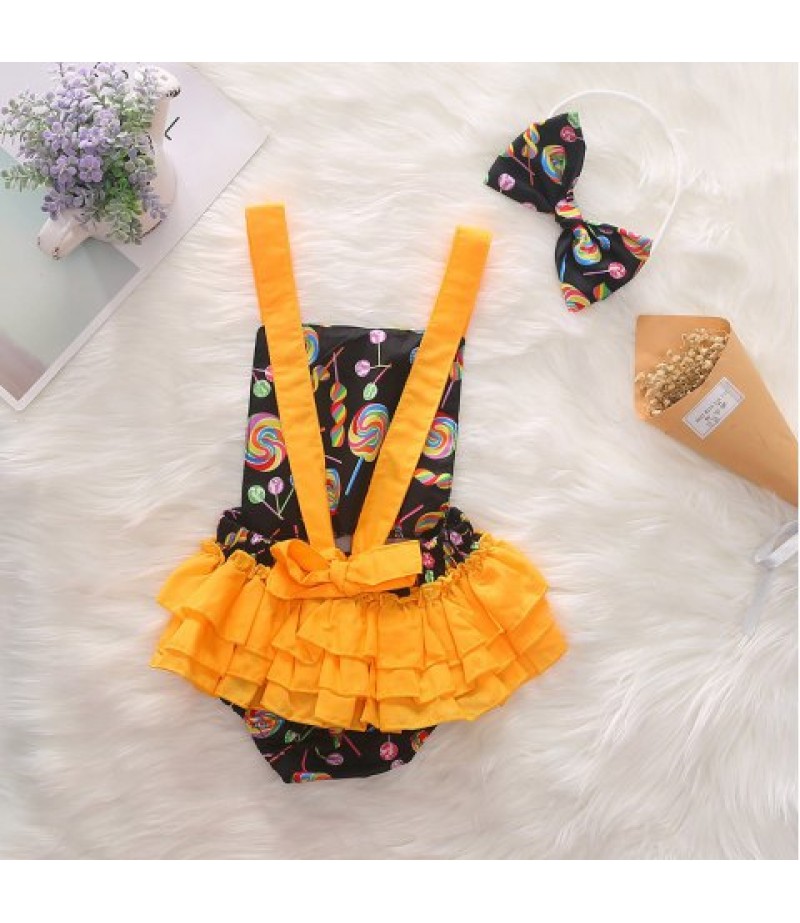 1293 Cotton Lollipop Print Romper + Bow Headwear Set