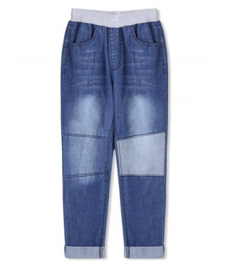 Boys Patch Rolled Hem Elastic Waist Jeans