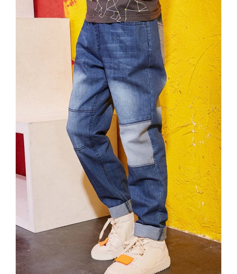 Boys Patch Rolled Hem Elastic Waist Jeans