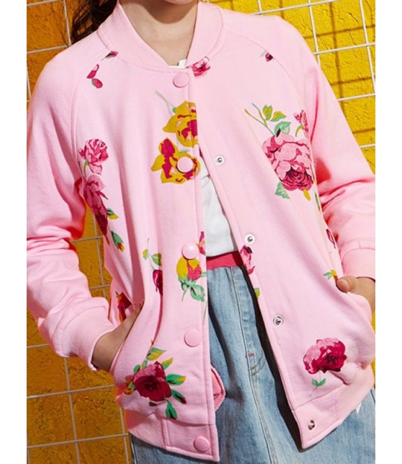 Girls Floral Print Button Up Raglan Sleeve Jacket