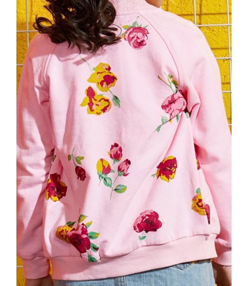 Girls Floral Print Button Up Raglan Sleeve Jacket