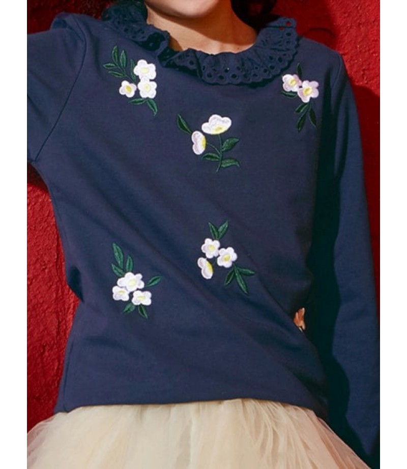 Girls Floral Embroidery Long Sleeve Sweatshirt