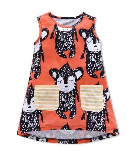 Girls Animal Print Striped Pockets Sleeveless Dip Hem Dress