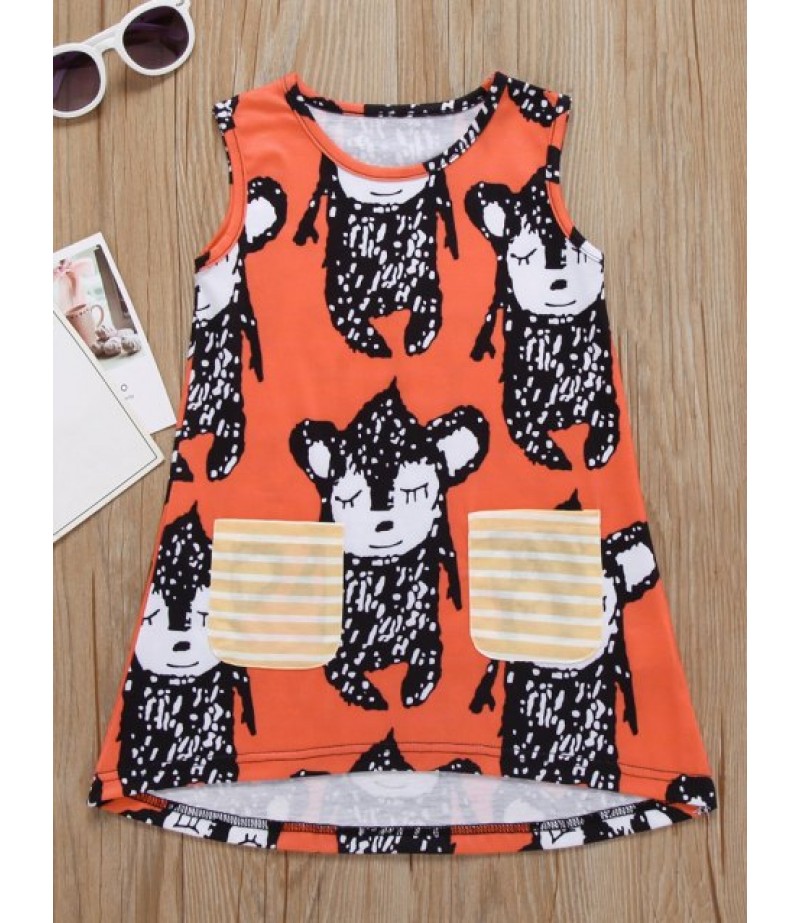 Girls Animal Print Striped Pockets Sleeveless Dip Hem Dress