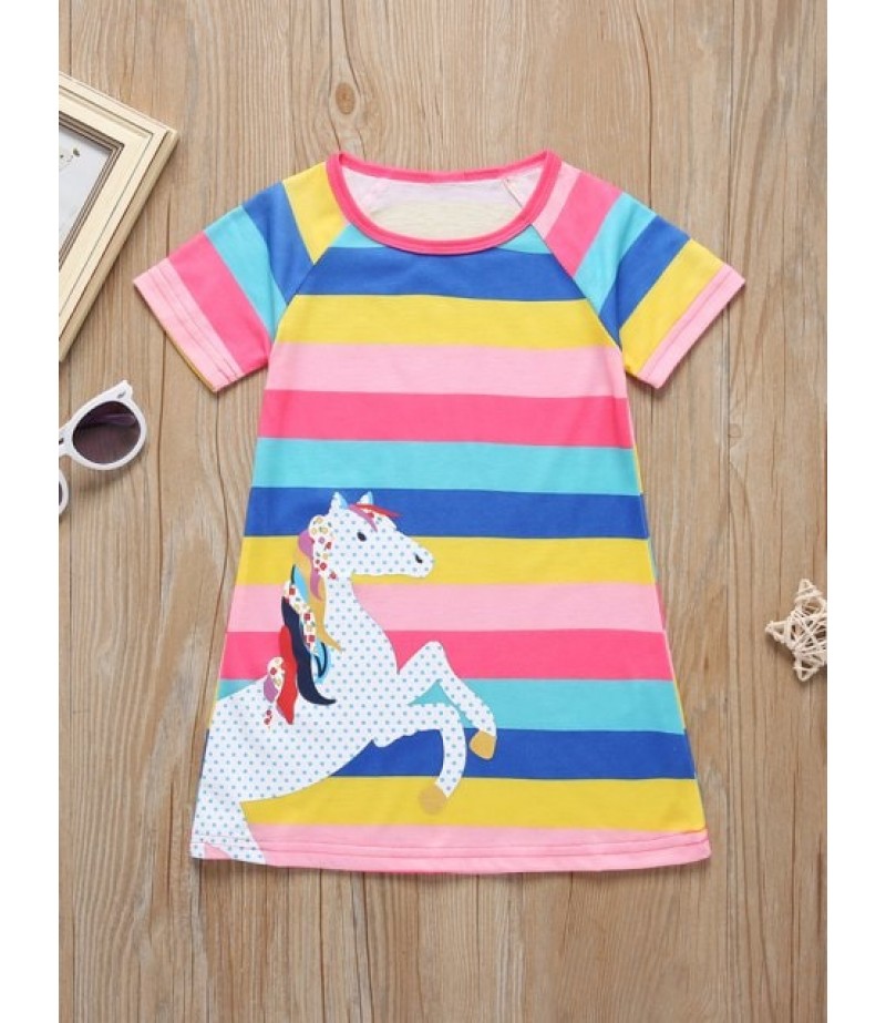 Girls Colorful Striped Horse Graphic Mini A Line Dress