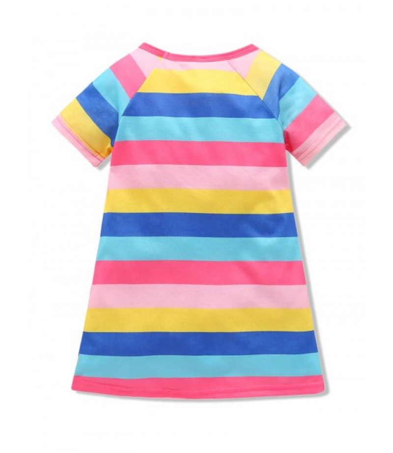 Girls Colorful Striped Horse Graphic Mini A Line Dress