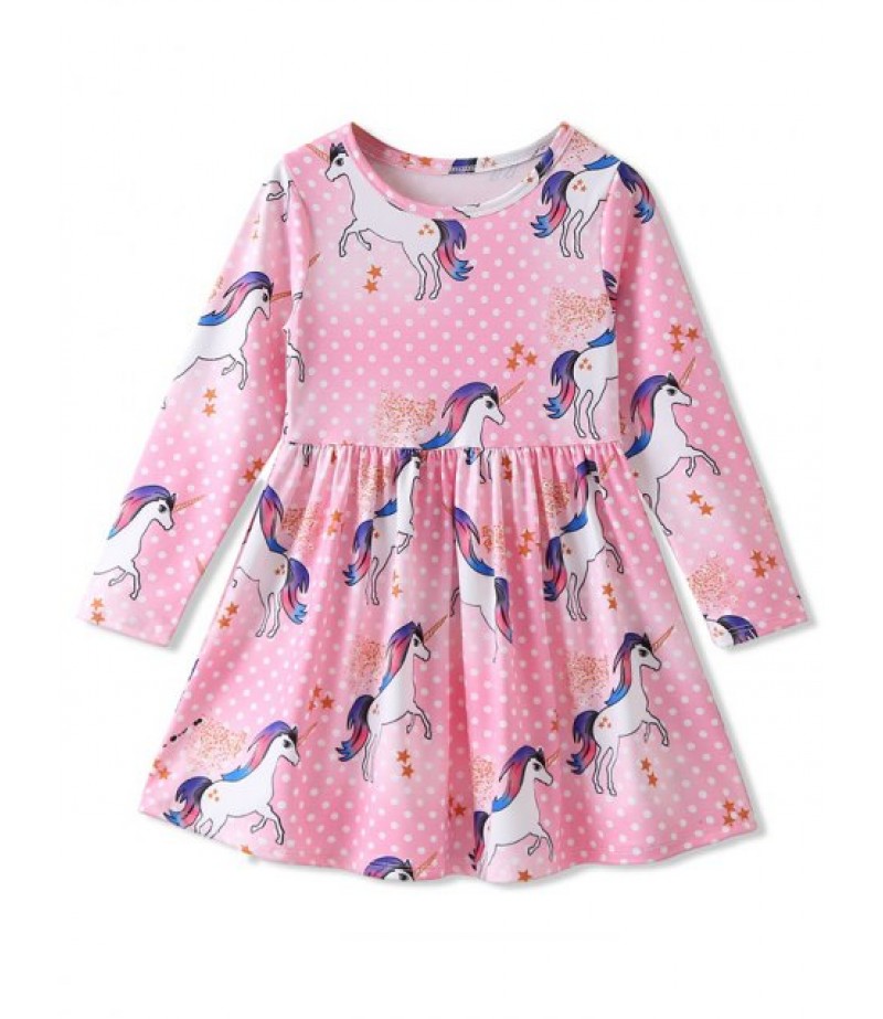 Girls Polka Dot Unicorn Print Empire Waist Long Sleeve Dress