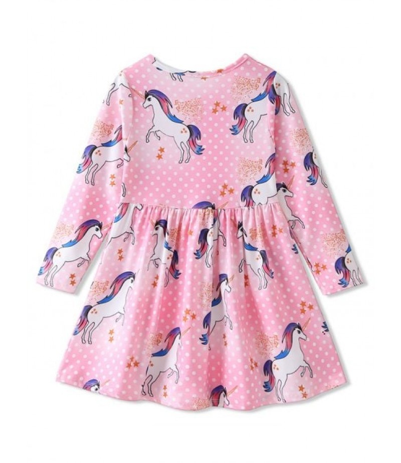 Girls Polka Dot Unicorn Print Empire Waist Long Sleeve Dress