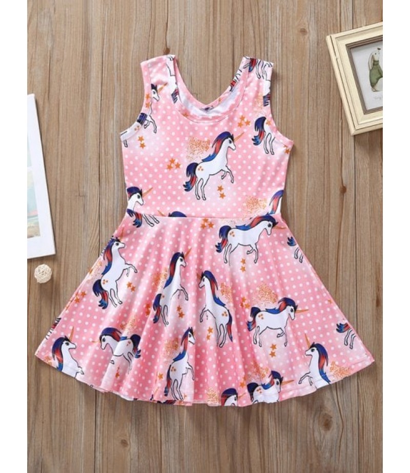 Girls Unicorn Polka Dot Print High Waist Dress