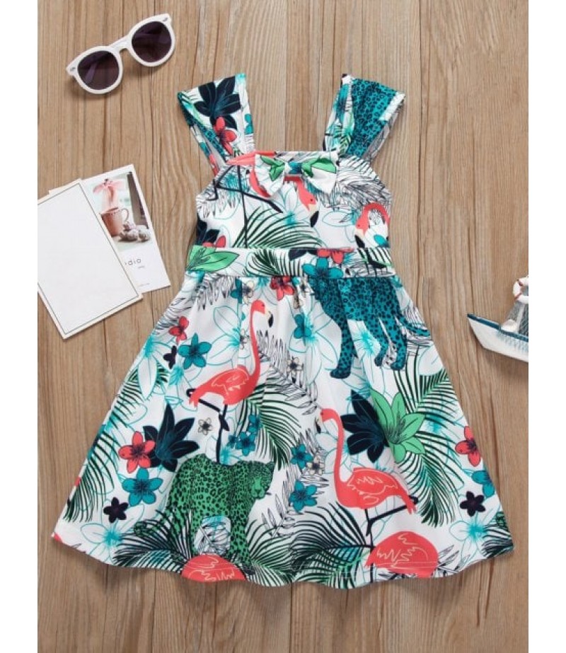 Girls Tropical Flamingo Print Bow Empire Waist A Line Dress