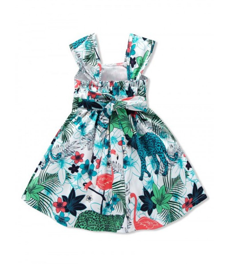 Girls Tropical Flamingo Print Bow Empire Waist A Line Dress