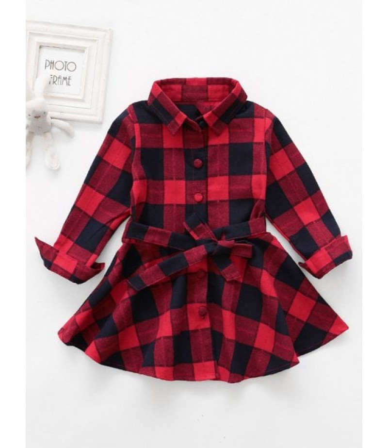 Girls Tartan Print Button Up Belted Long Sleeve Dress