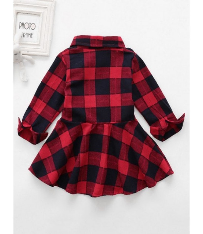 Girls Tartan Print Button Up Belted Long Sleeve Dress