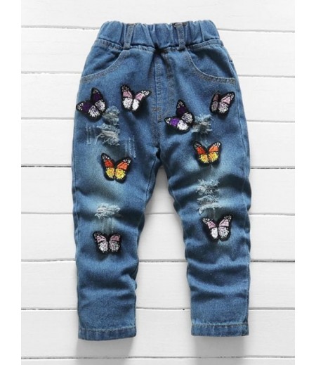 Girls Butterfly Applique Distressed Elastic Waist Jeans