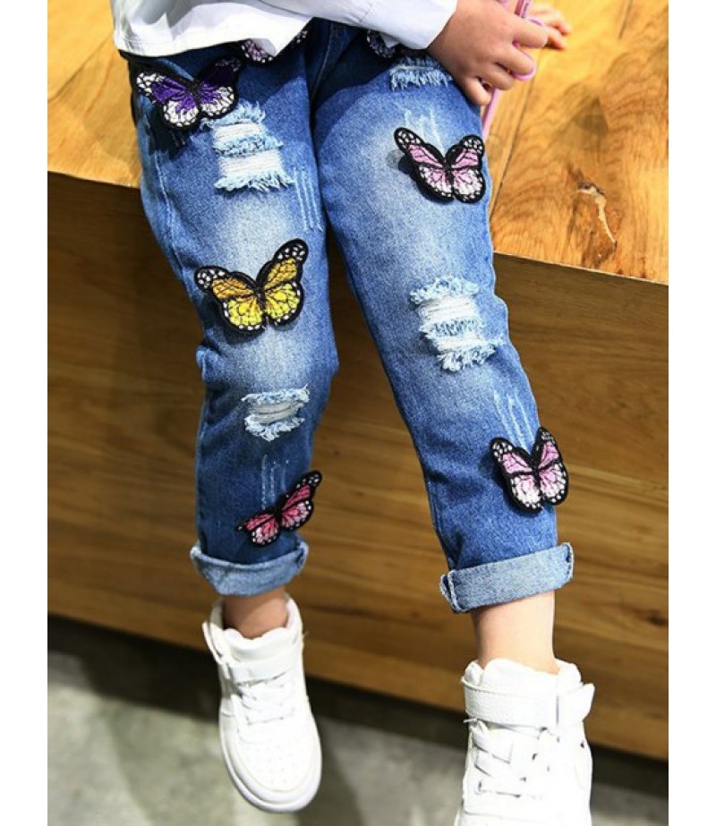 Girls Butterfly Applique Distressed Elastic Waist Jeans