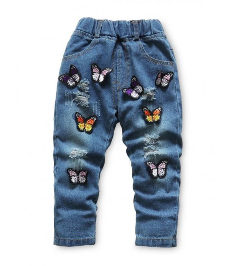 Girls Butterfly Applique Distressed Elastic Waist Jeans