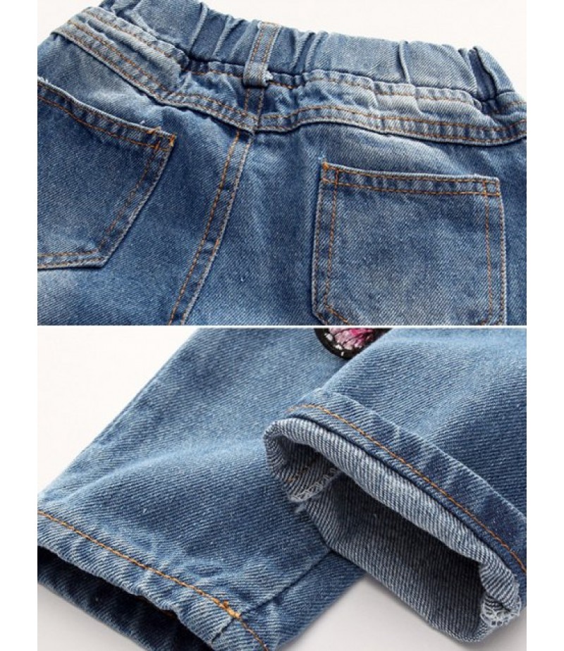 Girls Butterfly Applique Distressed Elastic Waist Jeans