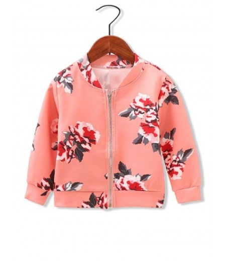 Girls Floral Print Stand Collar Jacket