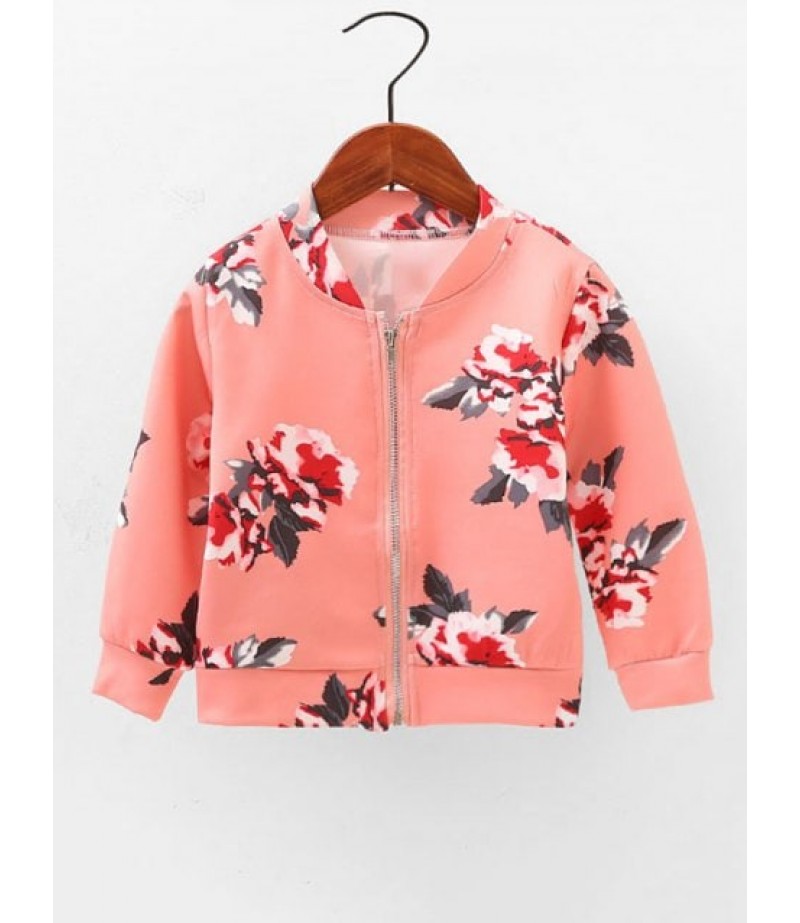 Girls Floral Print Stand Collar Jacket