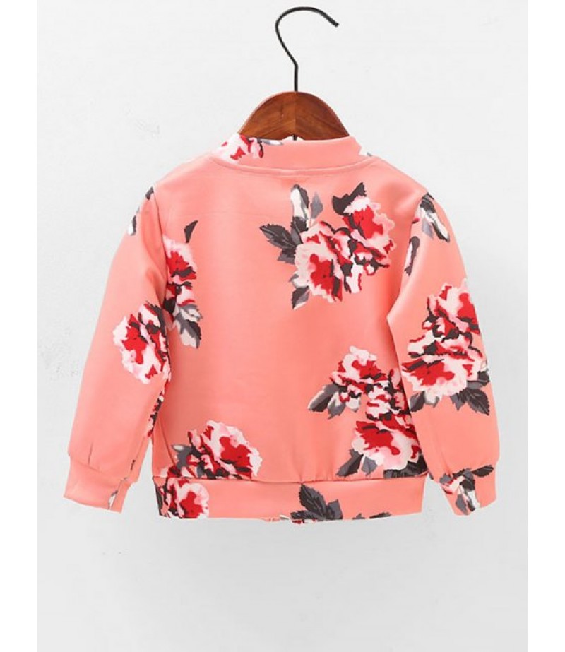 Girls Floral Print Stand Collar Jacket