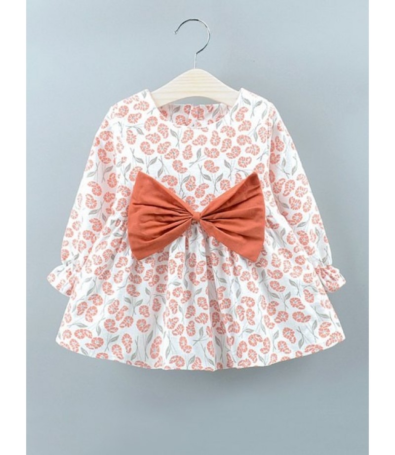 Girls Bowknot Floral Print Poet Sleeve High Waist Dress