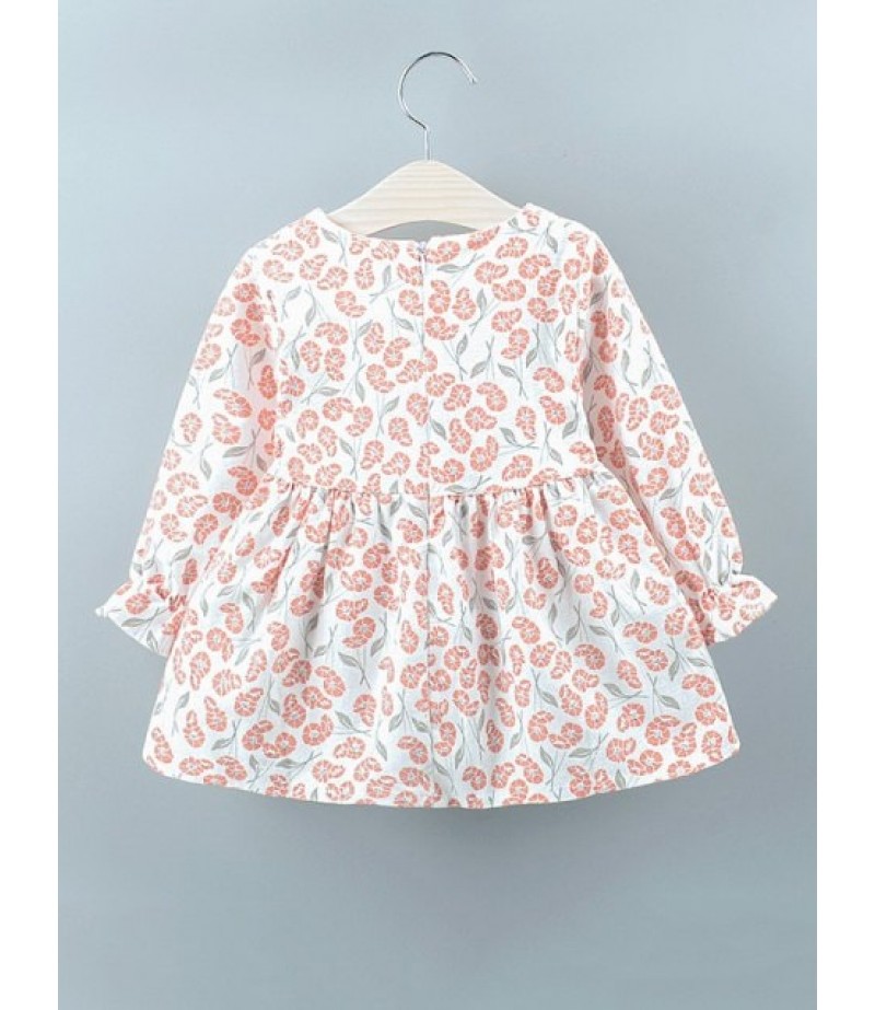 Girls Bowknot Floral Print Poet Sleeve High Waist Dress