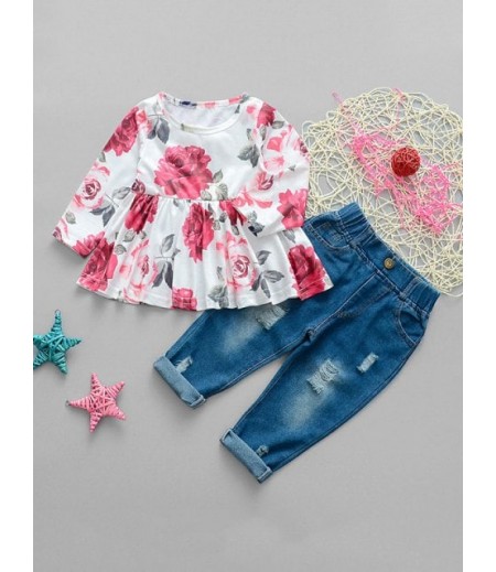 Girls Flower Top And Distressed Elastic Waist Jeans