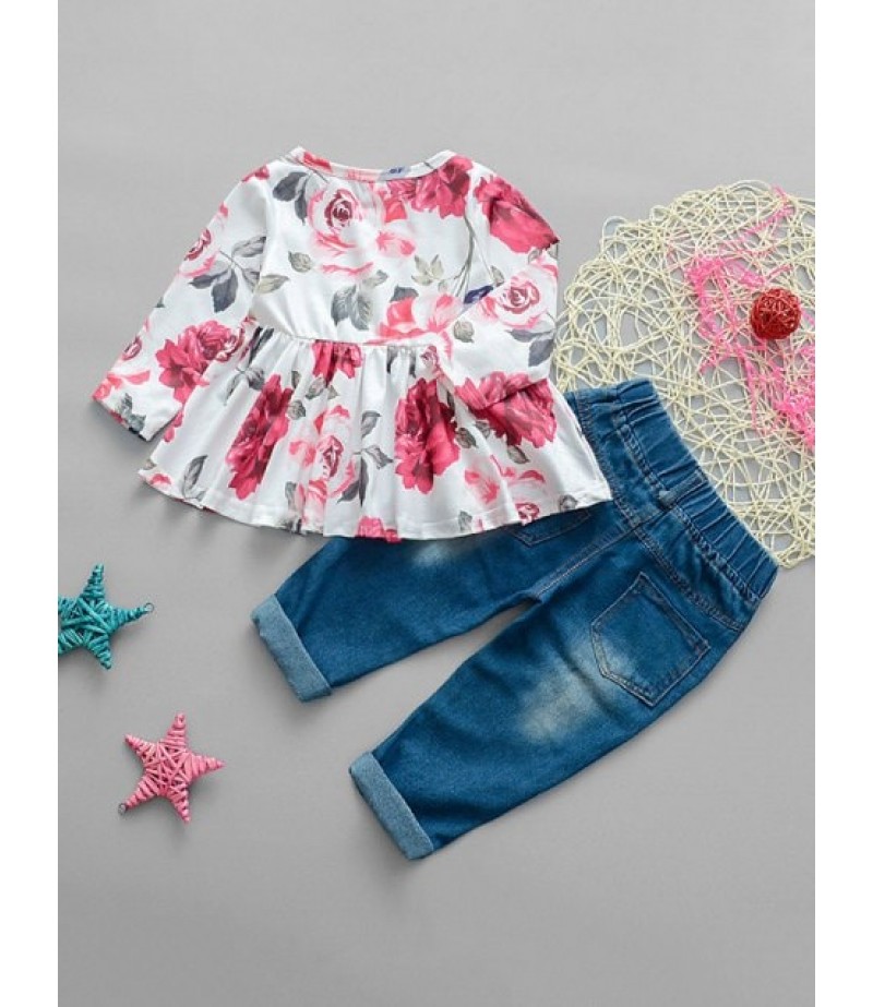 Girls Flower Top And Distressed Elastic Waist Jeans