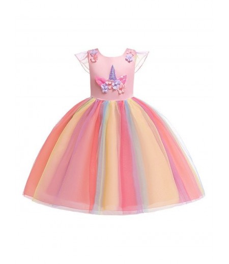 Unicorn Flower Design Cap Sleeve A Line Tulle Dress