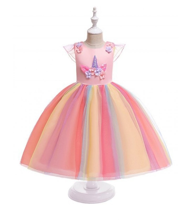 Unicorn Flower Design Cap Sleeve A Line Tulle Dress