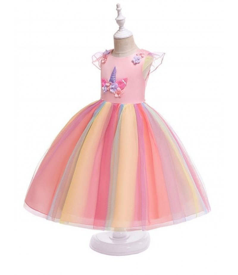 Unicorn Flower Design Cap Sleeve A Line Tulle Dress