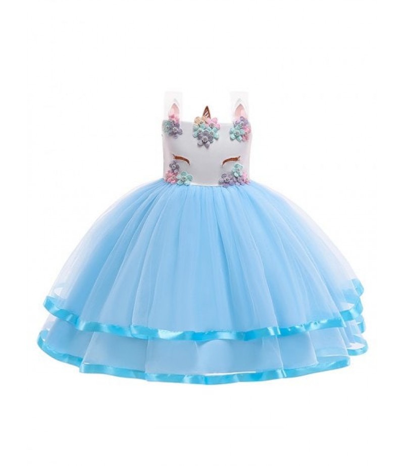 Unicorn Flower Pattern Sleeveless A Line Tulle Dress