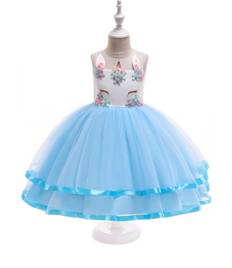 Unicorn Flower Pattern Sleeveless A Line Tulle Dress