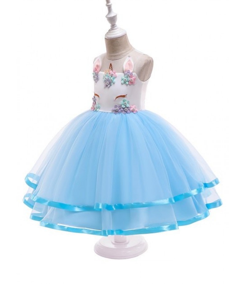 Unicorn Flower Pattern Sleeveless A Line Tulle Dress