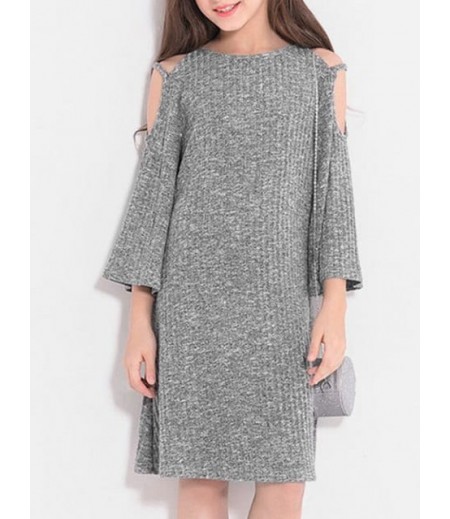 Girls Open Shoulder Flare Sleeve Rib Knit Dress