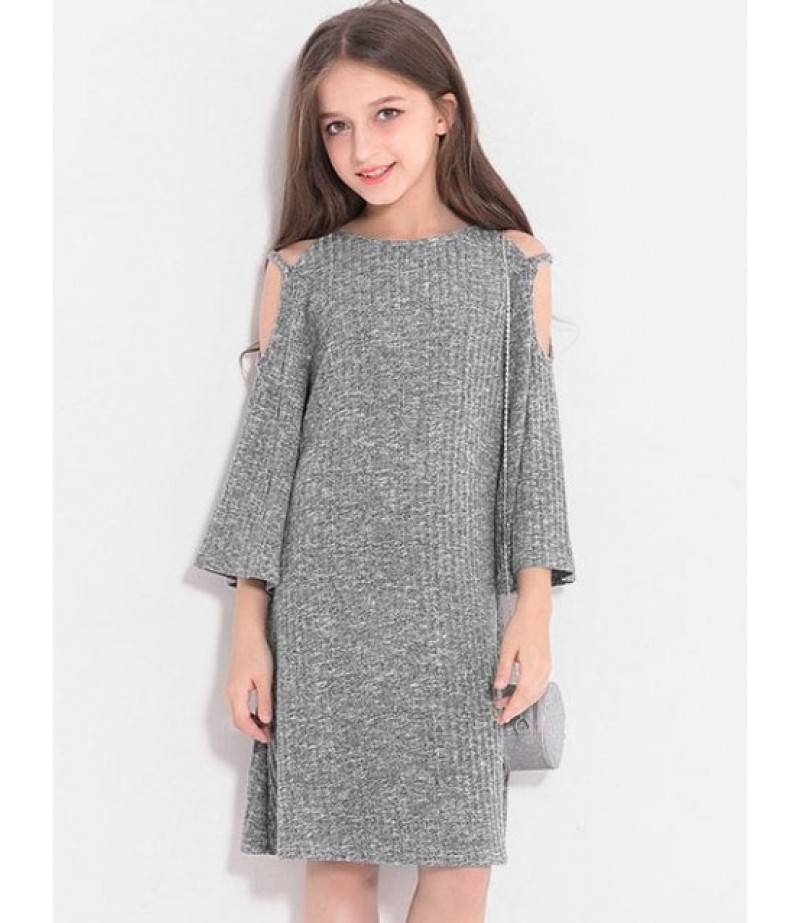 Girls Open Shoulder Flare Sleeve Rib Knit Dress