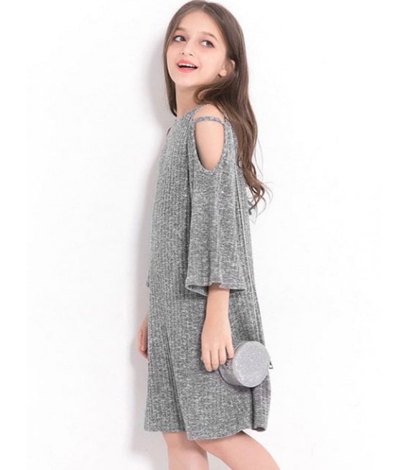 Girls Open Shoulder Flare Sleeve Rib Knit Dress